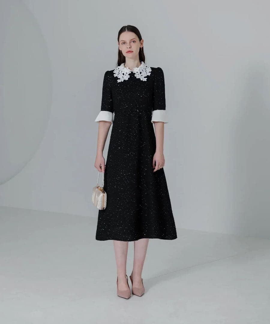 LEJA 花柄レースカラースパンコールAラインワンピースドレス