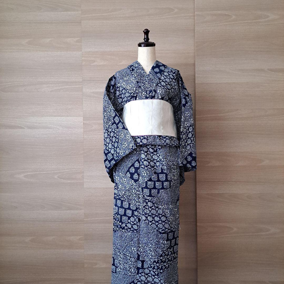 浴衣　藍染　長板中形　綿絽　バチ衿