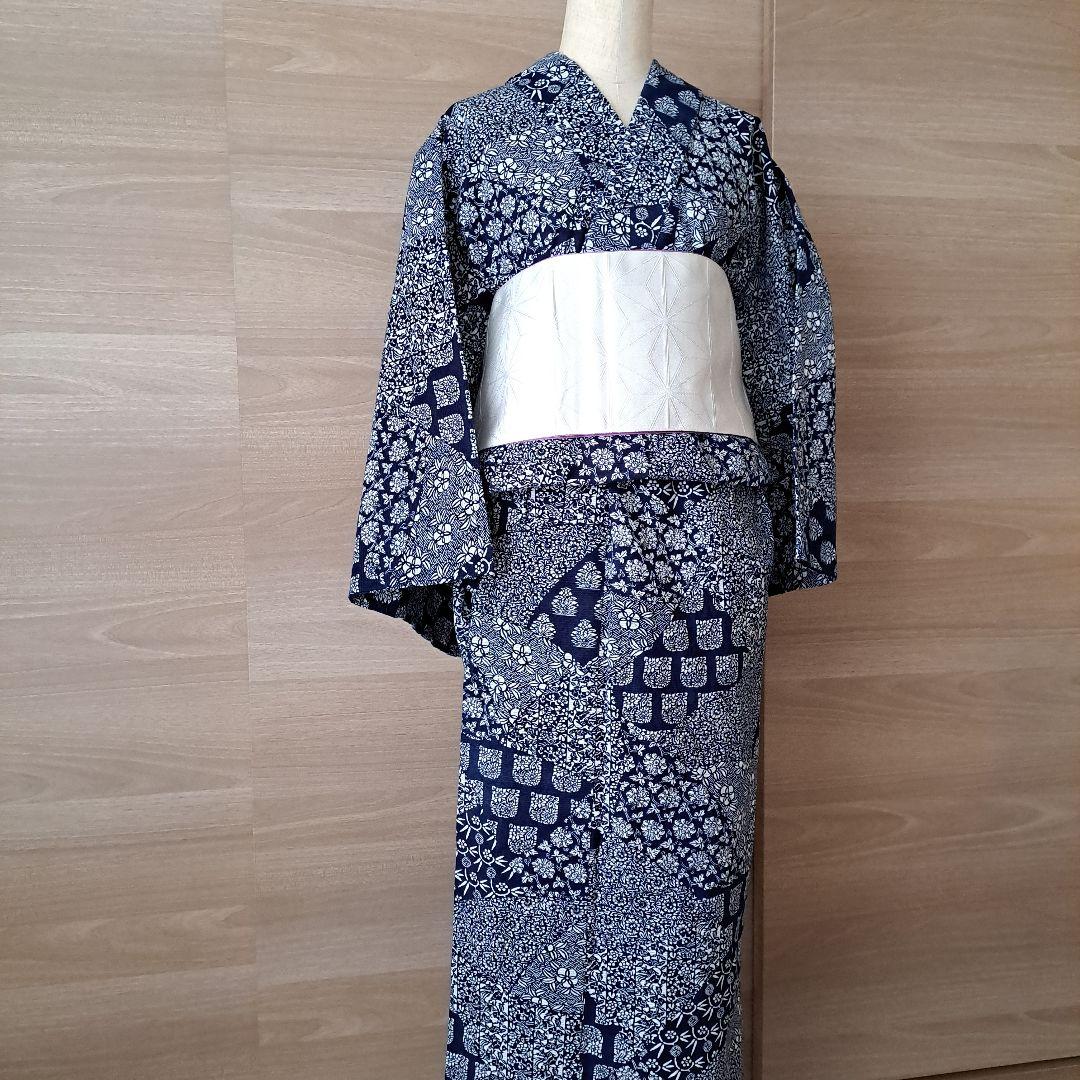 浴衣　藍染　長板中形　綿絽　バチ衿