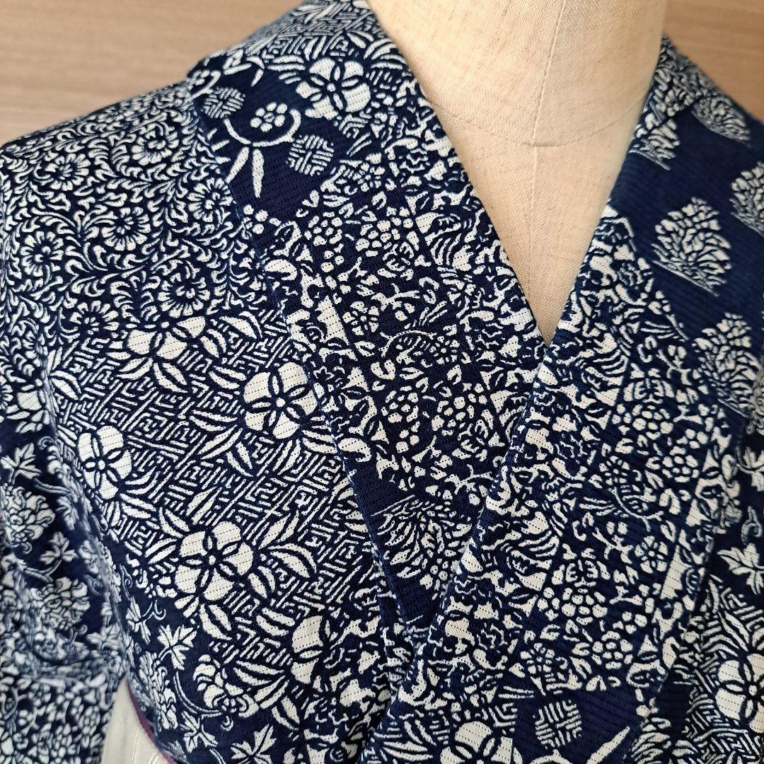 浴衣　藍染　長板中形　綿絽　バチ衿