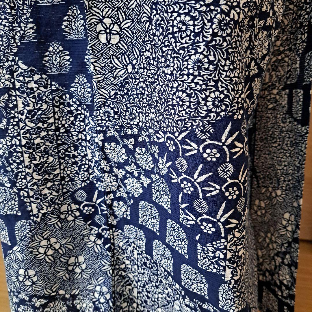 浴衣　藍染　長板中形　綿絽　バチ衿