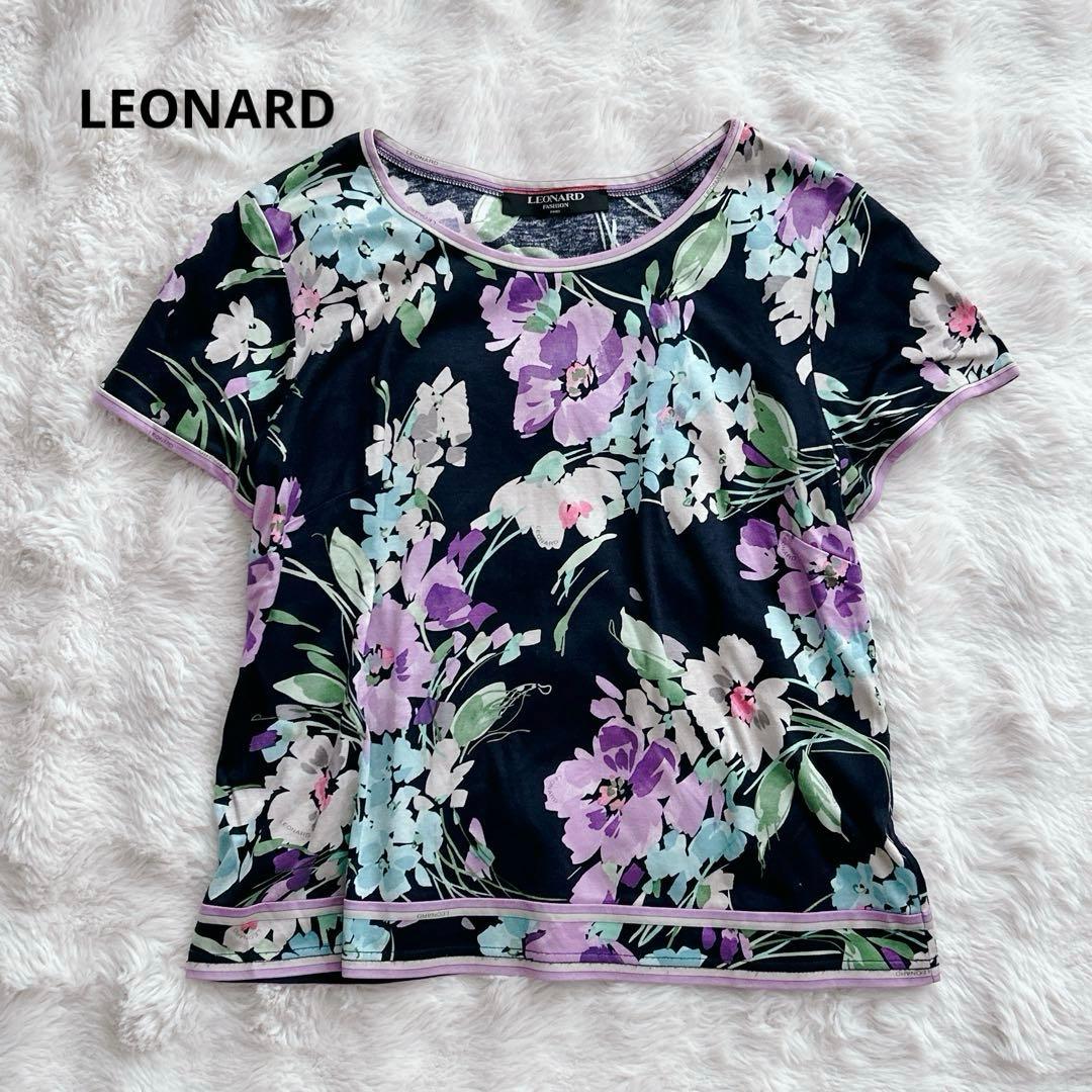 レオナール★LLサイズ　カットソー 花 トリム 半袖 ボートネック　ネイビー