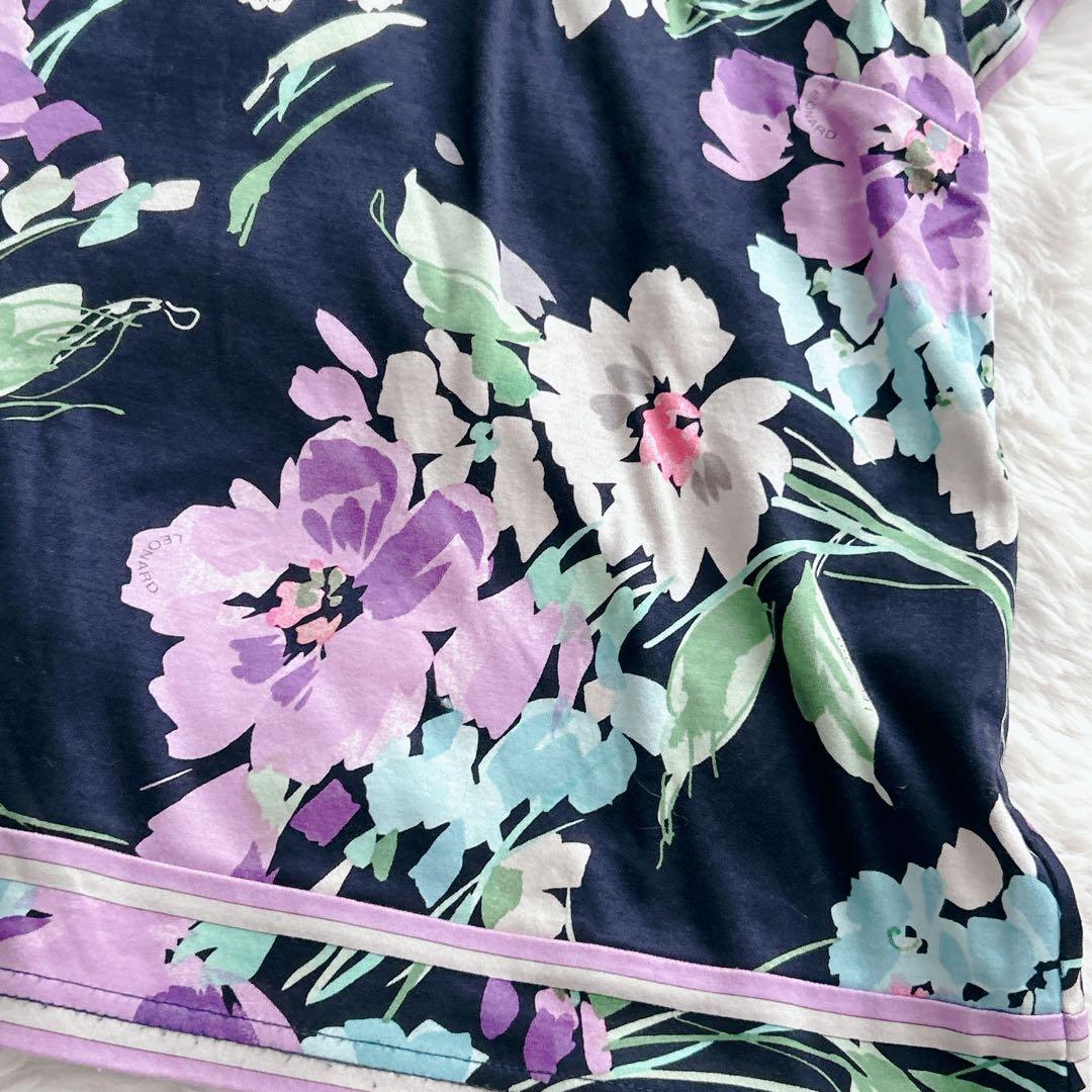 レオナール★LLサイズ　カットソー 花 トリム 半袖 ボートネック　ネイビー