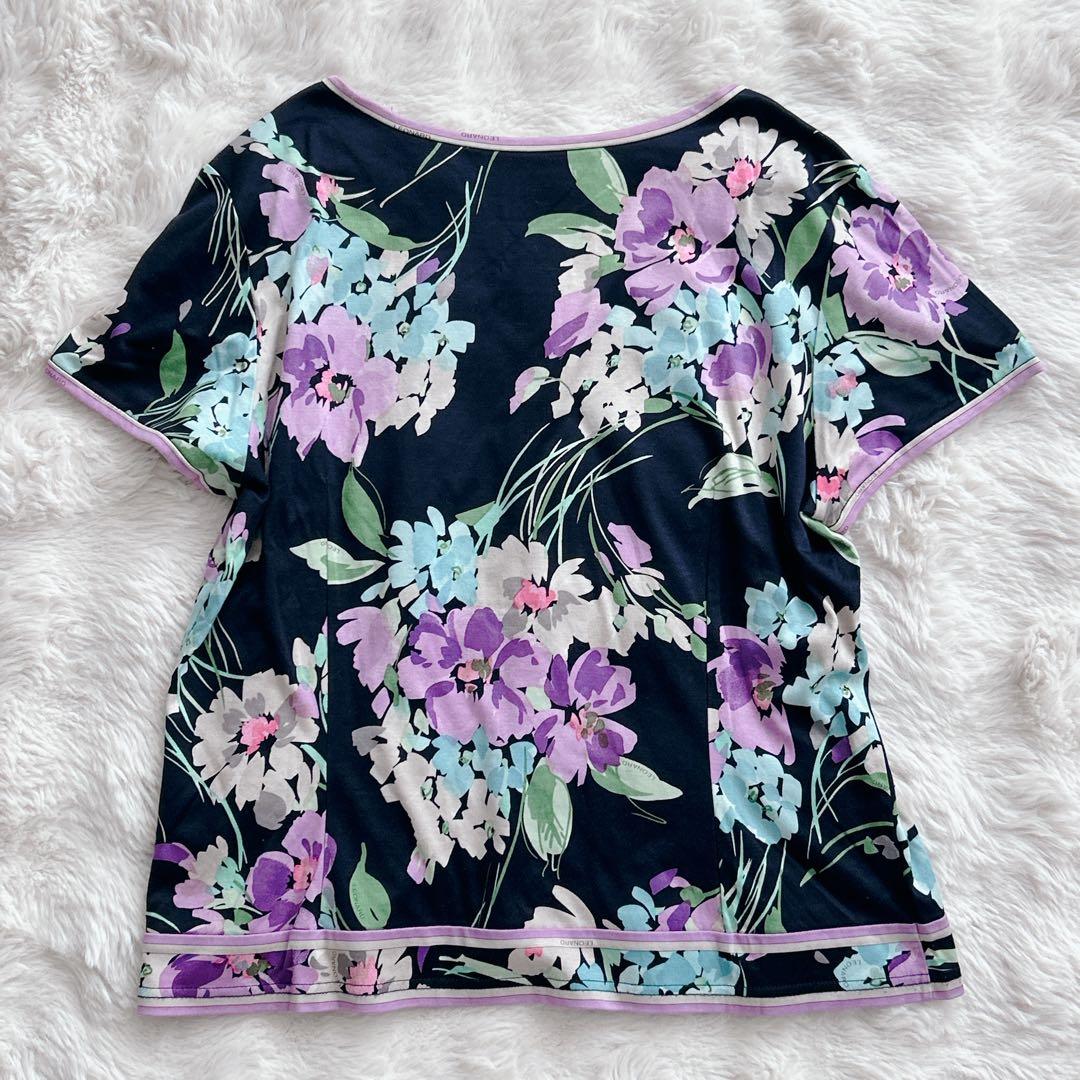 レオナール★LLサイズ　カットソー 花 トリム 半袖 ボートネック　ネイビー