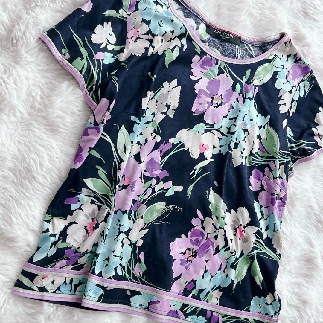 レオナール★LLサイズ　カットソー 花 トリム 半袖 ボートネック　ネイビー