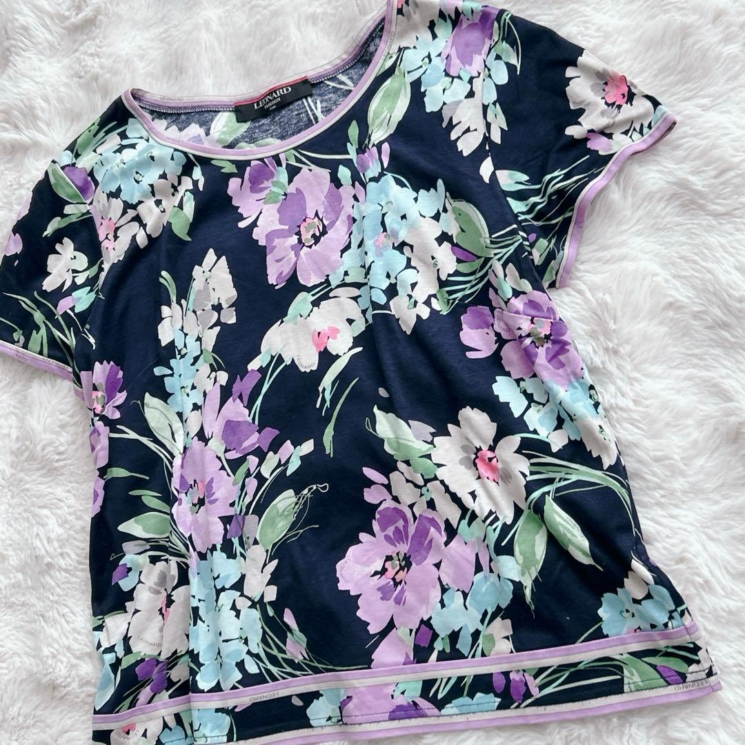 レオナール★LLサイズ　カットソー 花 トリム 半袖 ボートネック　ネイビー