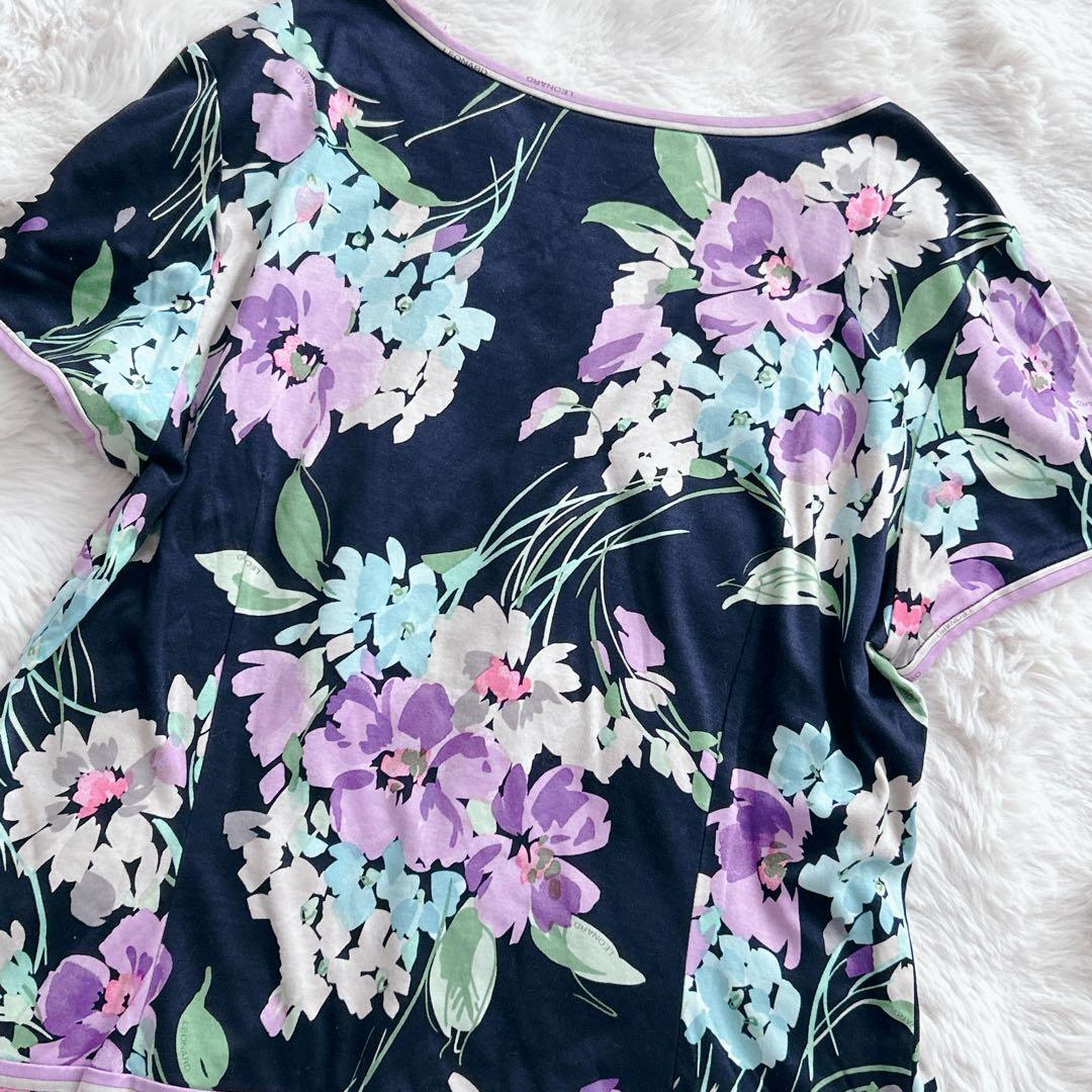 レオナール★LLサイズ　カットソー 花 トリム 半袖 ボートネック　ネイビー