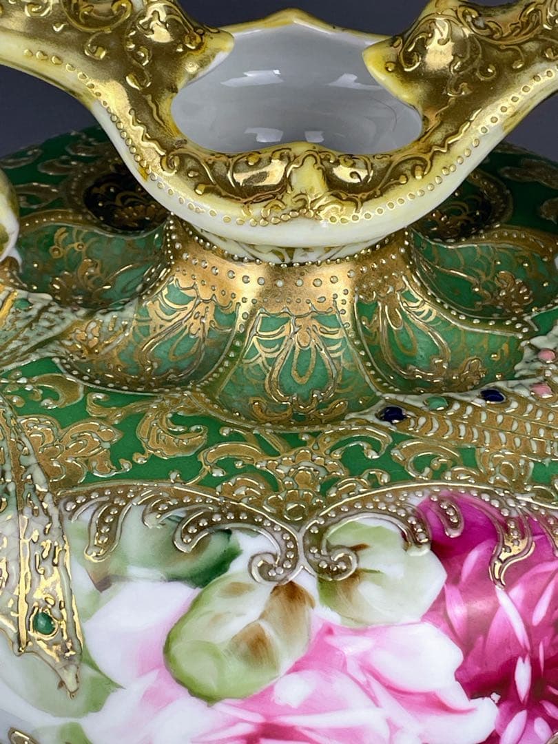 【美品】オールドノリタケ ジュエル 翠地金盛り蝶 薔薇紋花瓶 ジュール エナメル