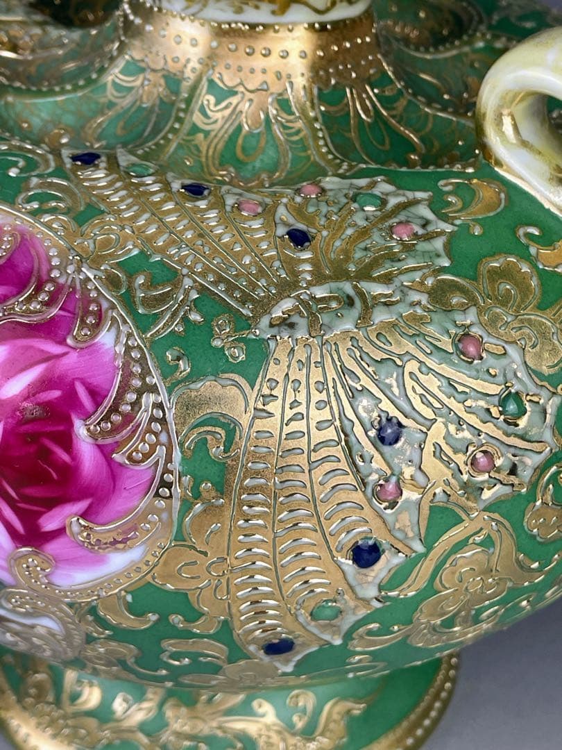 【美品】オールドノリタケ ジュエル 翠地金盛り蝶 薔薇紋花瓶 ジュール エナメル