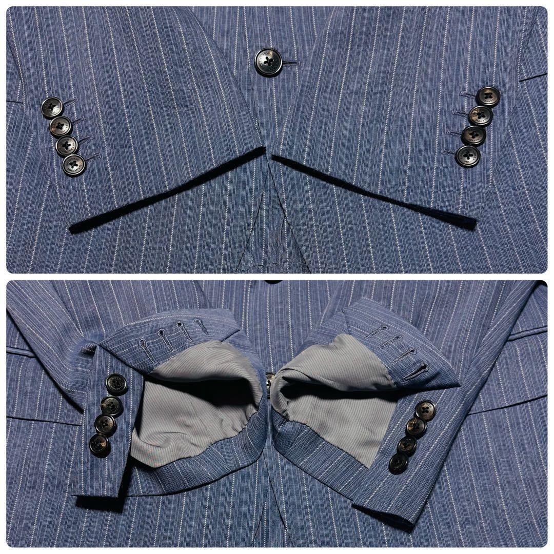 希少カラー ランバン 3ピース 高級 スーツ モヘヤ混 ブルー ストライプ M