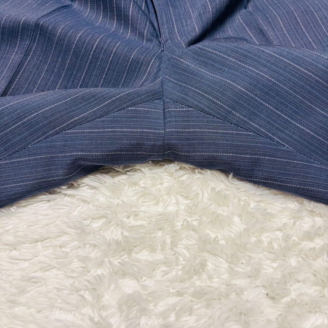 希少カラー ランバン 3ピース 高級 スーツ モヘヤ混 ブルー ストライプ M