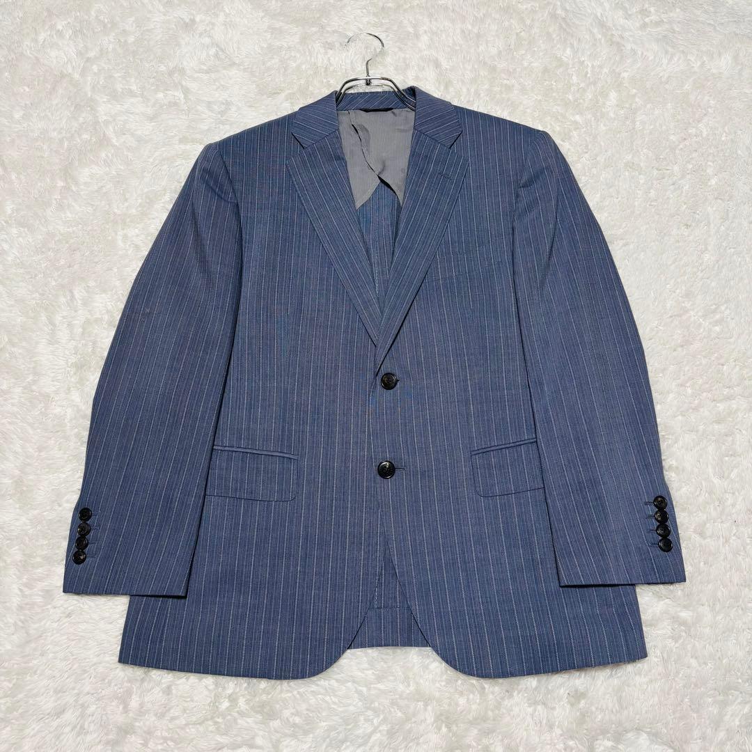 希少カラー ランバン 3ピース 高級 スーツ モヘヤ混 ブルー ストライプ M