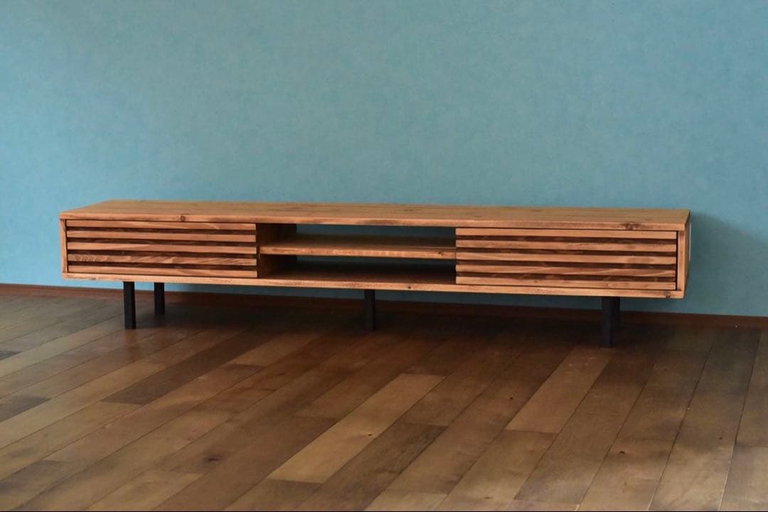 無垢】テレビボード　180㎝　サイド格子　ミディアムブラウン　　鉄脚