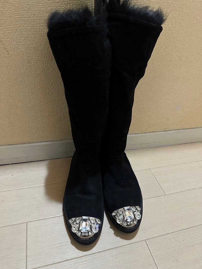 最終価格！美品❣️miumiuスェードファービジューブラックロングブーツ36