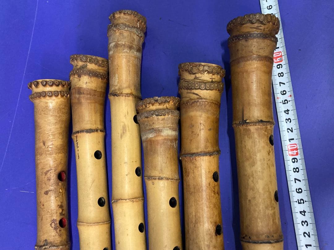 G）アンティーク 尺八 竹製 和楽器 レトロ 竹菅楽器 6本セット