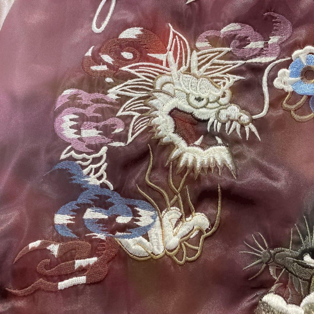 スカジャン スーベニアジャケット 龍 虎 豪華刺繍 エンジ✖️アイボリー サテン