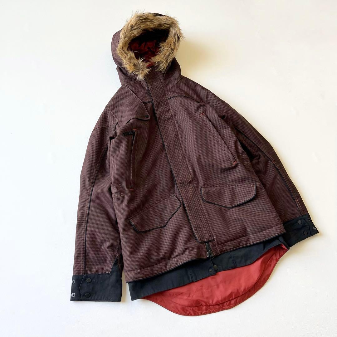 3267【美品】バートン　ジャケット ファー付き 千鳥格子　S ブラウン