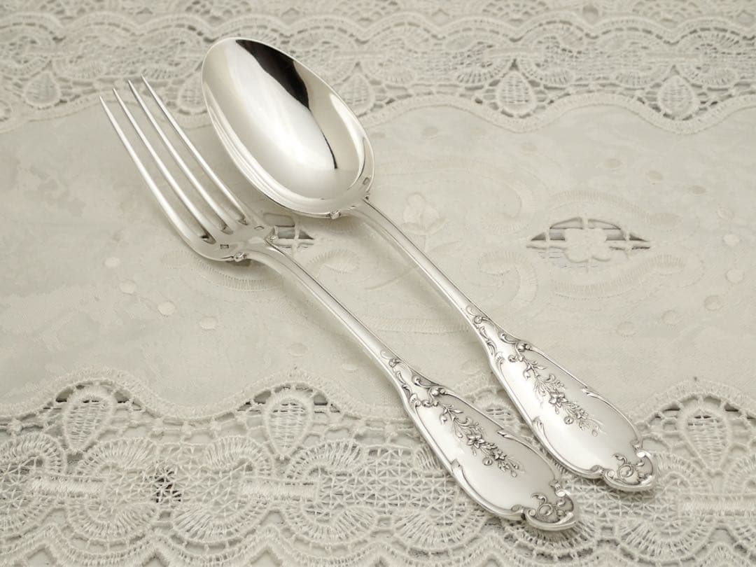 極上品 フランス アールヌーボー期 純銀無垢 スプーン&フォークセット ④