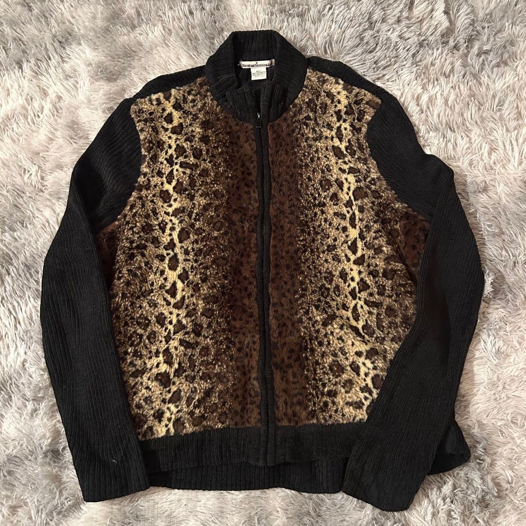 90sレオパード ファー ニット ジップアップ ニットジャケット
