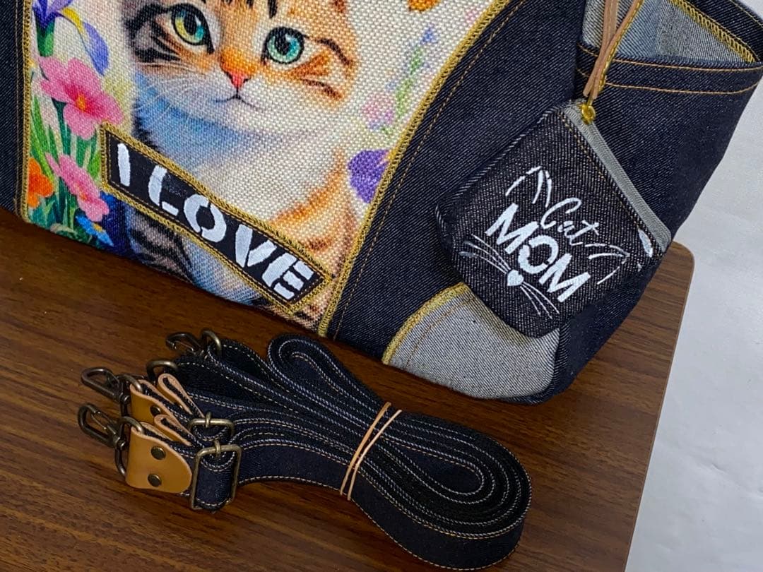 岡山デニム☆ステンシル☆トラネコ☆リュック対応☆4wayあおりバッグ