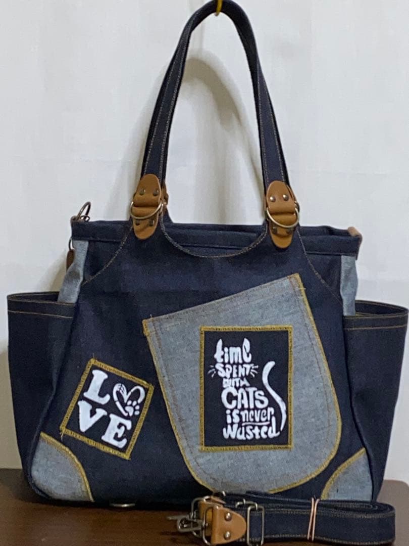 岡山デニム☆ステンシル☆トラネコ☆リュック対応☆4wayあおりバッグ