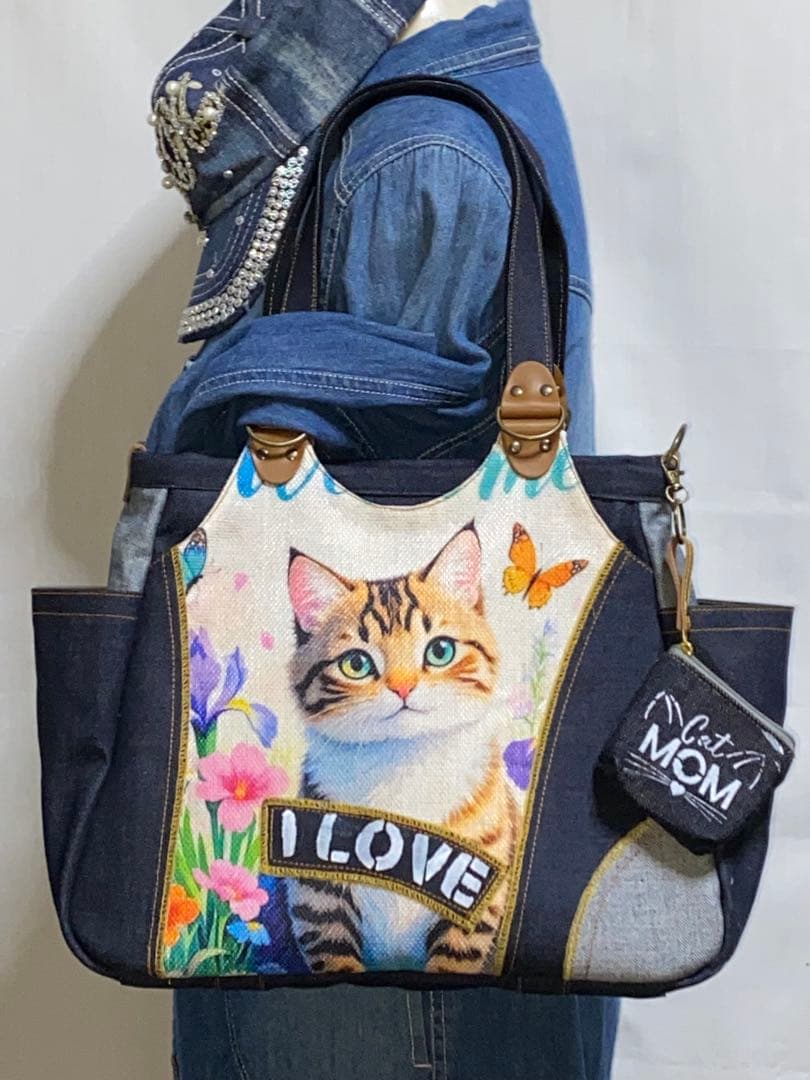 岡山デニム☆ステンシル☆トラネコ☆リュック対応☆4wayあおりバッグ