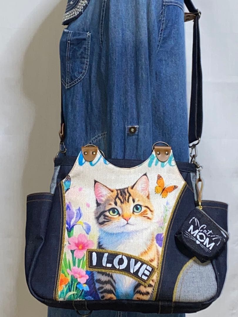 岡山デニム☆ステンシル☆トラネコ☆リュック対応☆4wayあおりバッグ