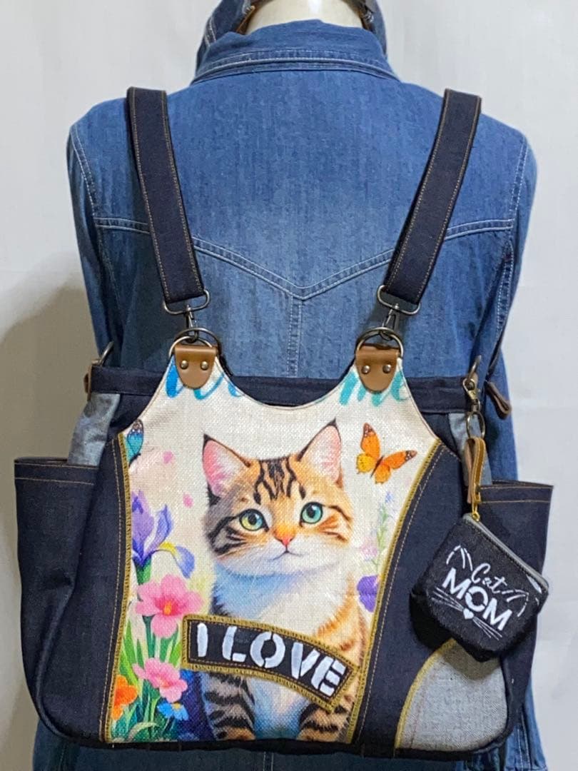 岡山デニム☆ステンシル☆トラネコ☆リュック対応☆4wayあおりバッグ