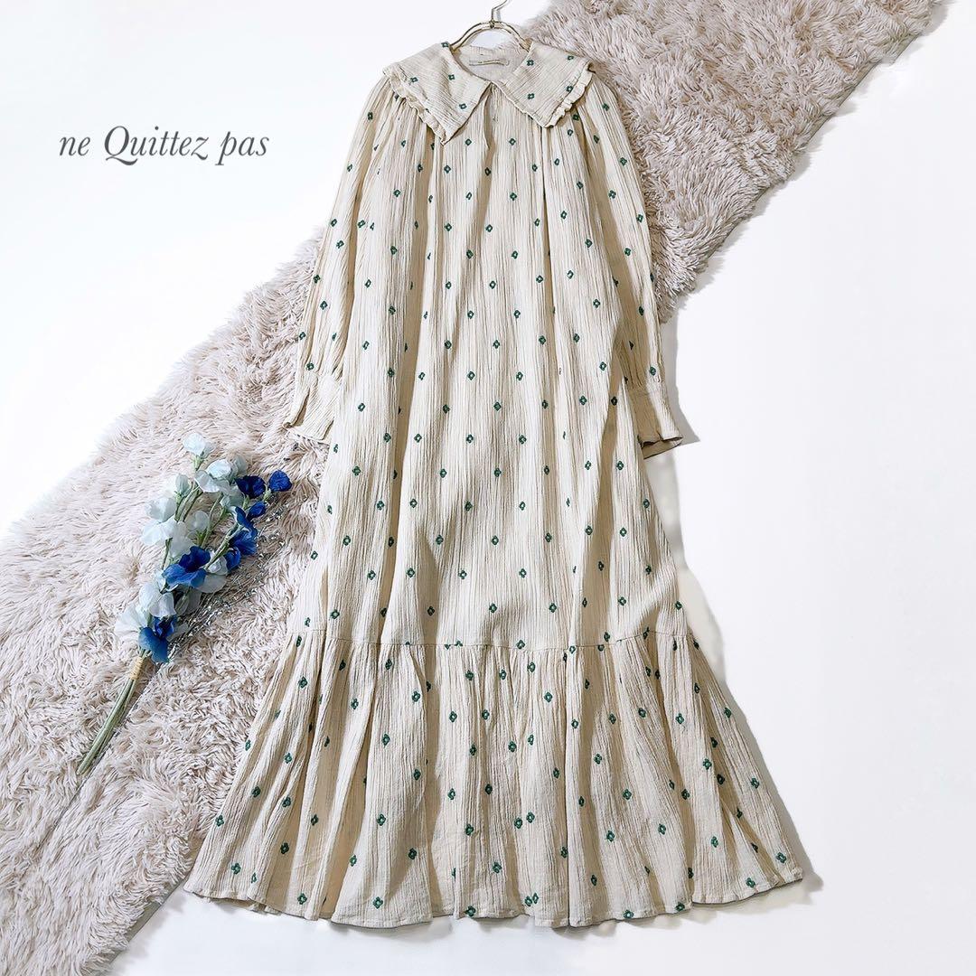 美品ꕥヌキテパ 近年 コットンガーゼフルエンブロイダリーフリルカラードレス M