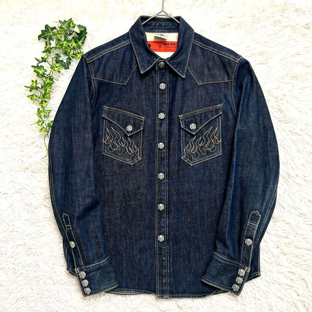 【希少】HUG クリームソーダ ピンクドラゴン スカルボタン デニムシャツ