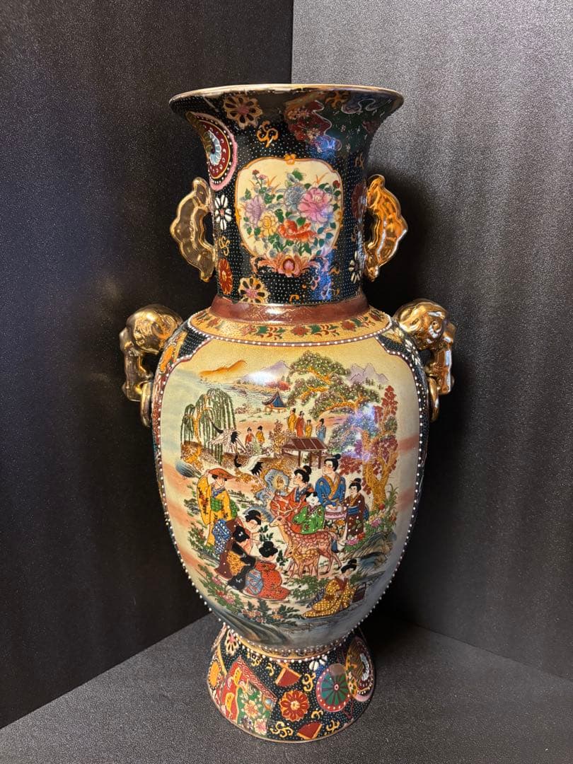 薩摩焼 大壺 着物美人画 騎馬武将 金彩色絵 青粒花瓶