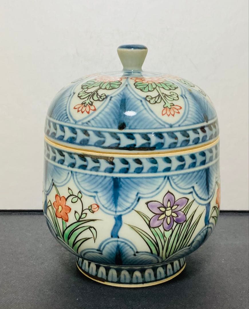 佐藤走波（六代）染錦草花文　蓋物