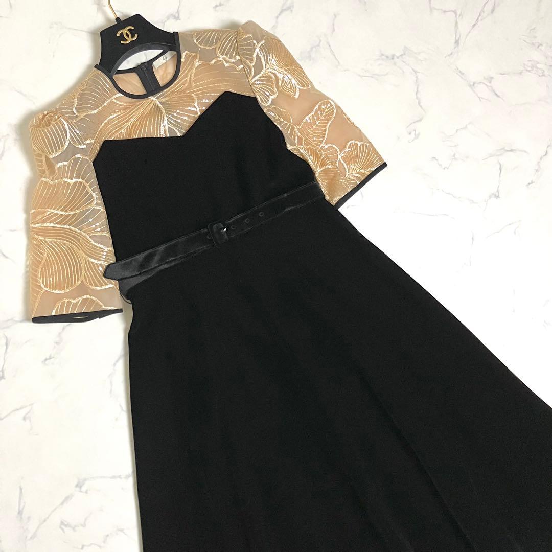 LEJA ビスチェ風 ウエストベルト付 花柄レースキラキラ刺繍 ドレスワンピース