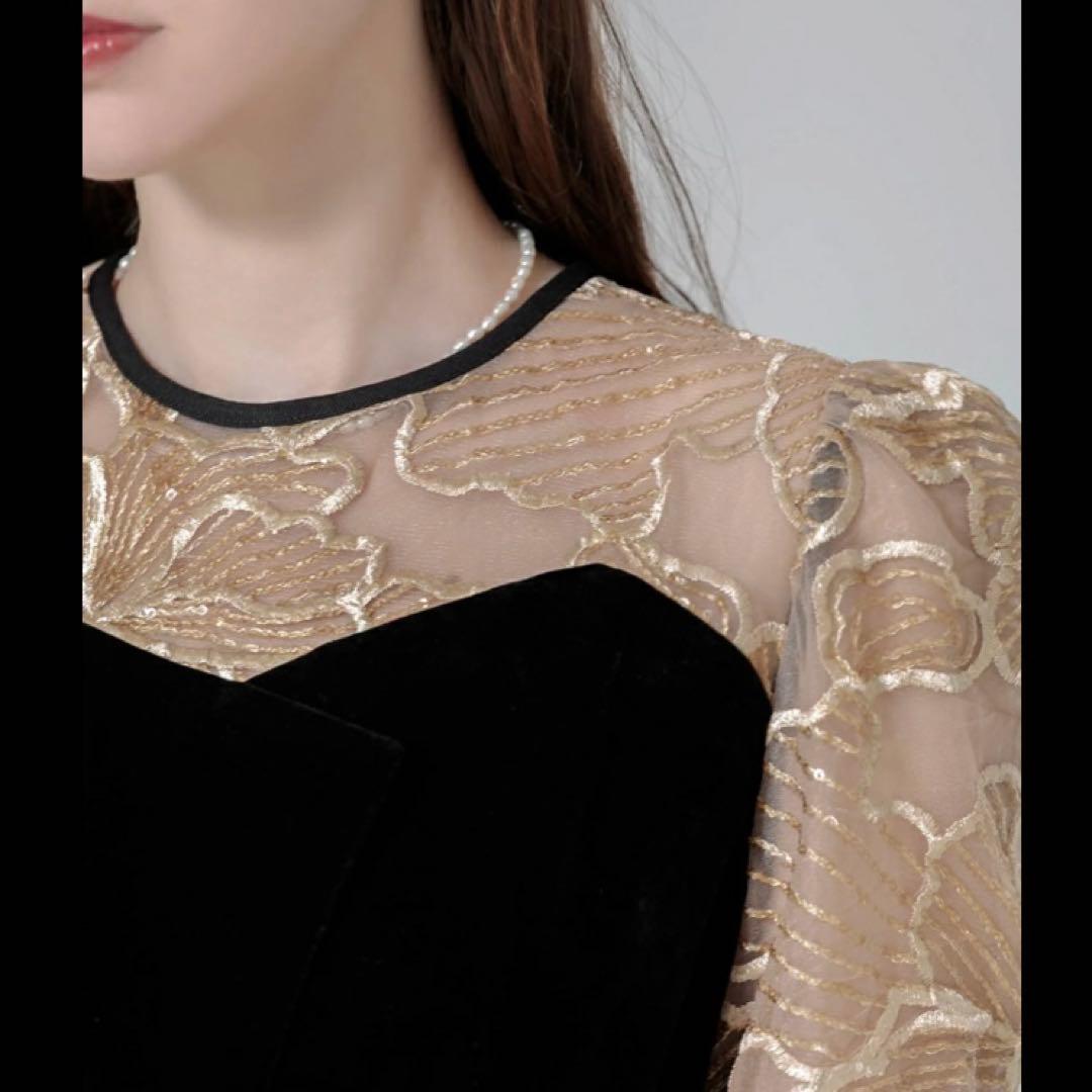 LEJA ビスチェ風 ウエストベルト付 花柄レースキラキラ刺繍 ドレスワンピース