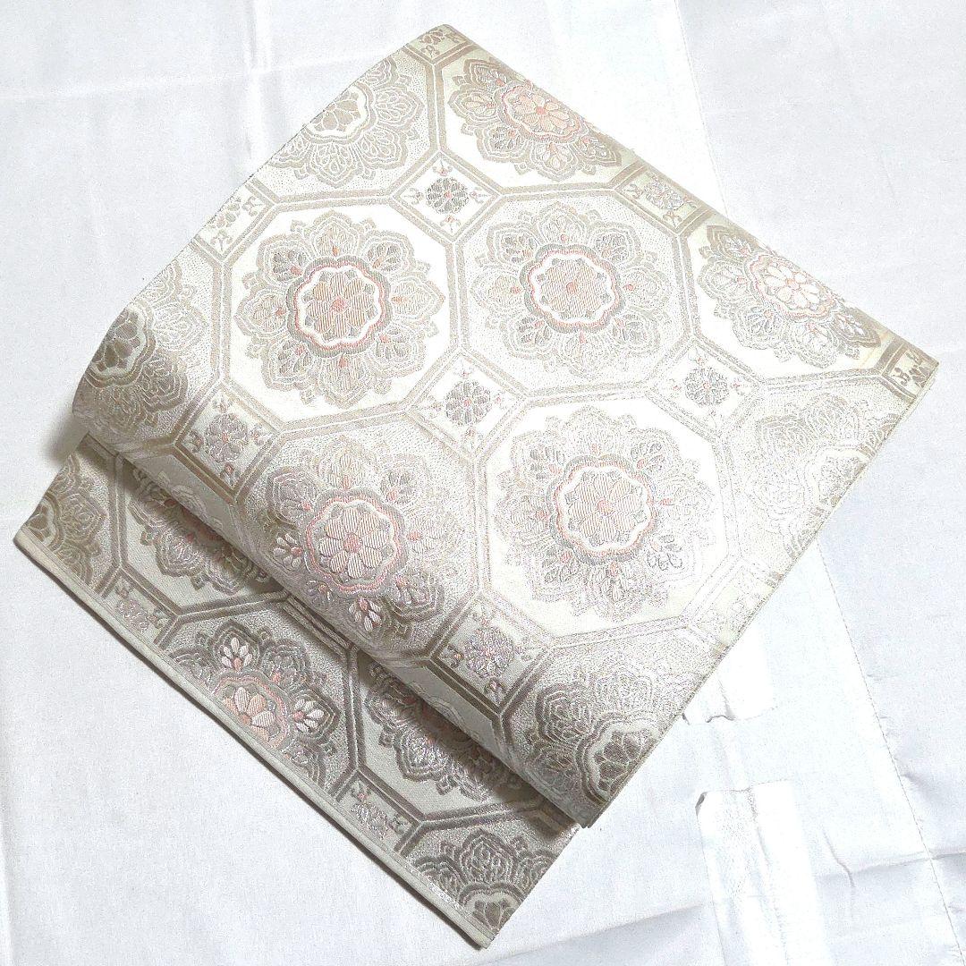 A◆着物くつろぎ 正倉院文様 銀糸 純銀箔 白 六通 正絹 フォーマルな袋帯