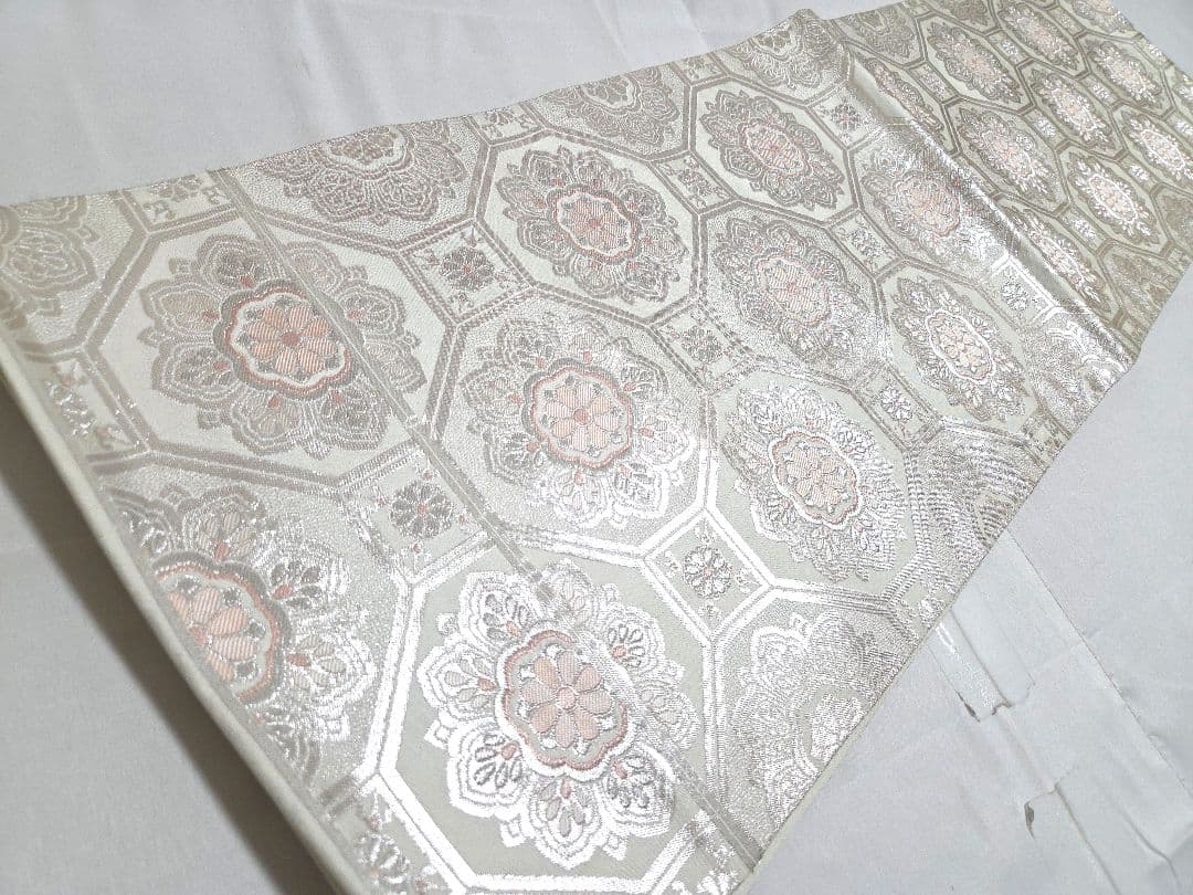 A◆着物くつろぎ 正倉院文様 銀糸 純銀箔 白 六通 正絹 フォーマルな袋帯