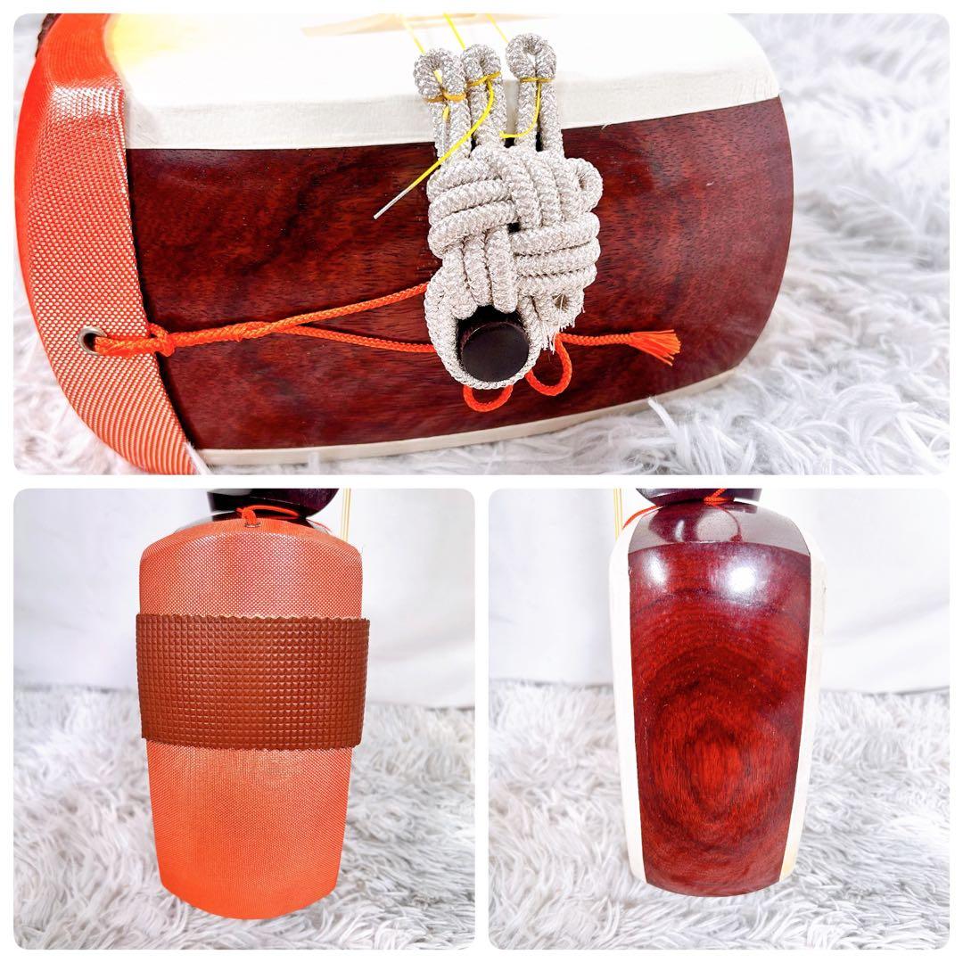 【希少】地唄三味線　三味線　中棹　紅木　丸打胴　天然糸巻き　皮破れなし　本皮