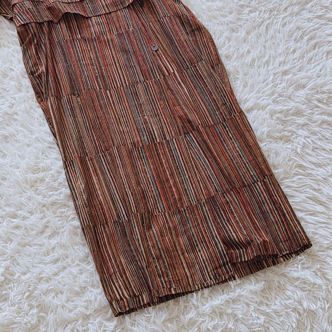 希少 ヨーガンレール ワンピース 胸元段々デザイン 調整紐付き ストライプ