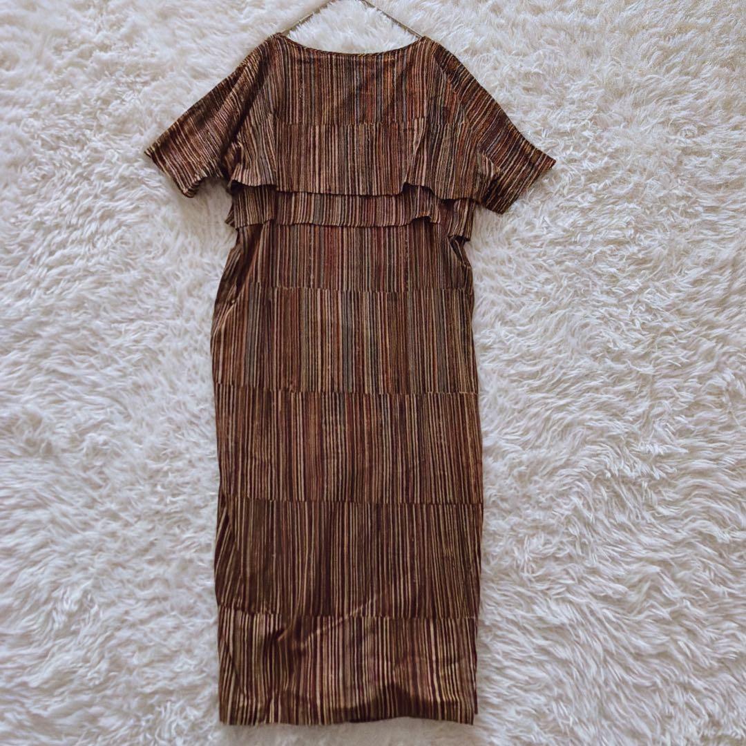 希少 ヨーガンレール ワンピース 胸元段々デザイン 調整紐付き ストライプ