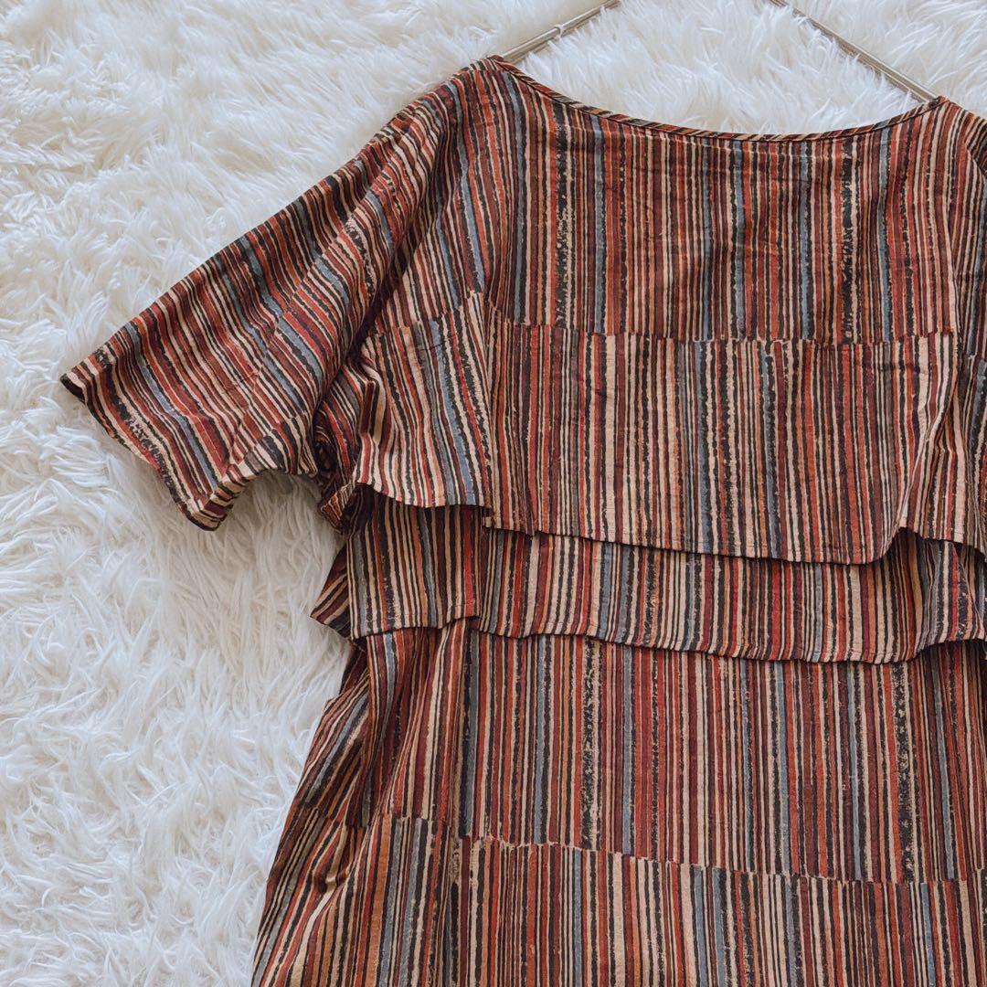 希少 ヨーガンレール ワンピース 胸元段々デザイン 調整紐付き ストライプ