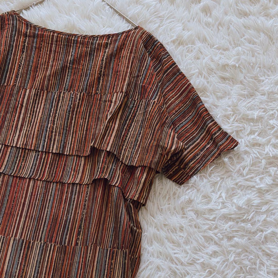 希少 ヨーガンレール ワンピース 胸元段々デザイン 調整紐付き ストライプ