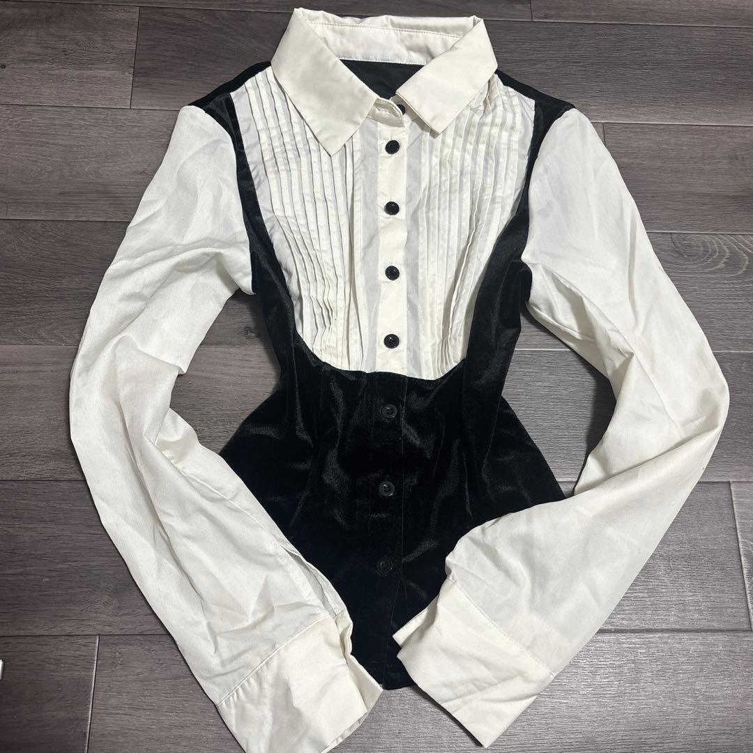 00s darkcore シャツ バレエコア ホラゲ ベロア 黒ボタン