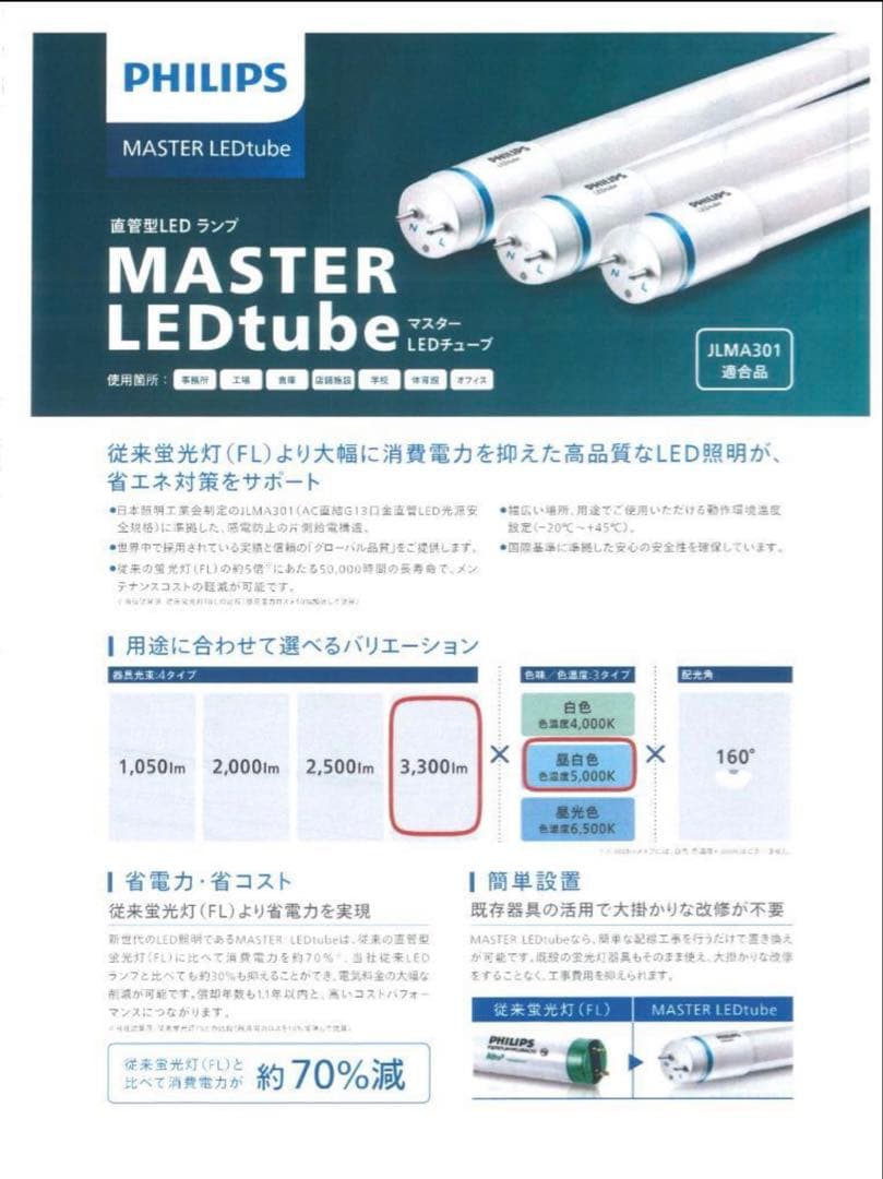 フィリップス直管型LEDランプ40型高輝度3300lm昼白色　20本