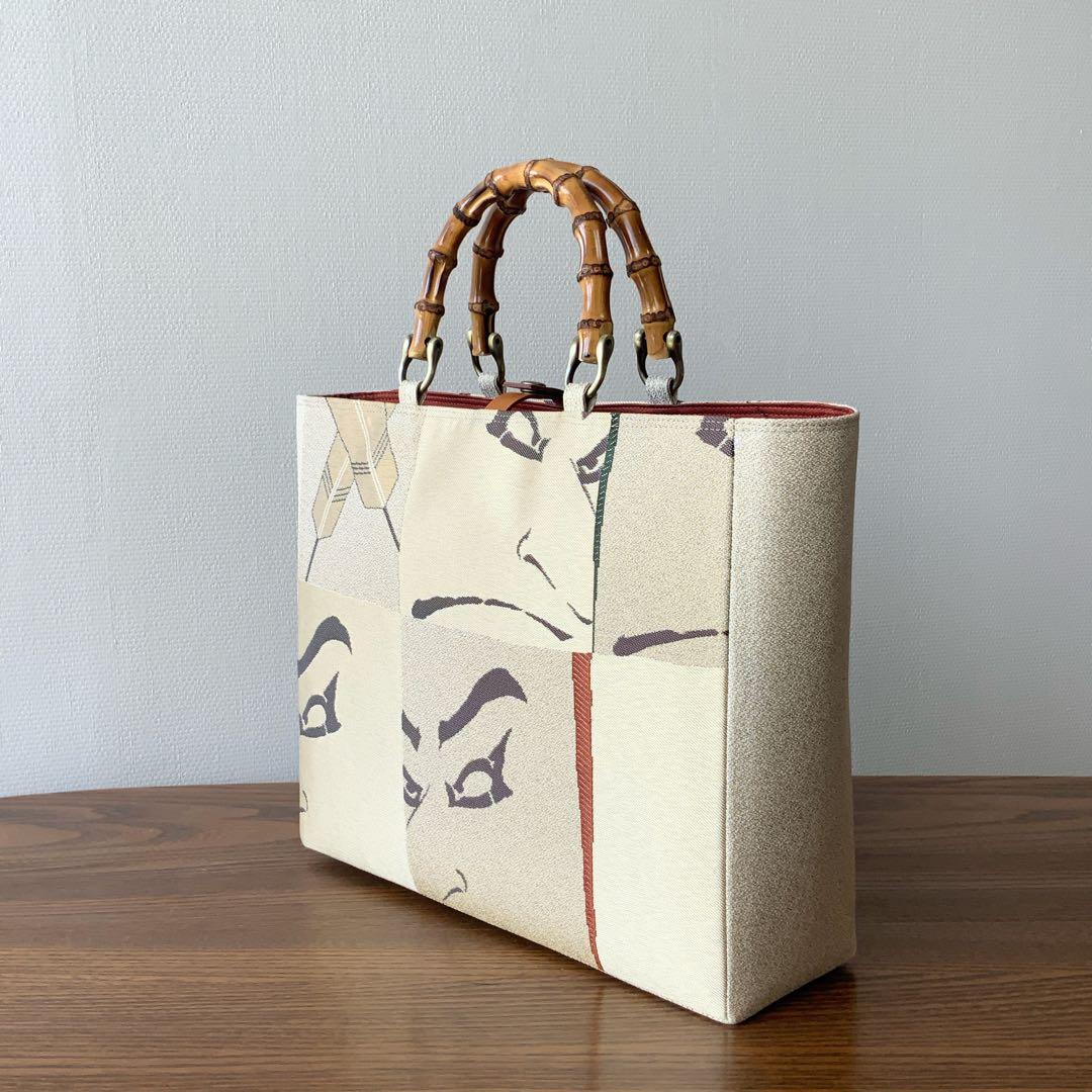 男前な歌舞伎柄の帯　リメイク　バンブーハンドルバッグ　通しマチタイプ