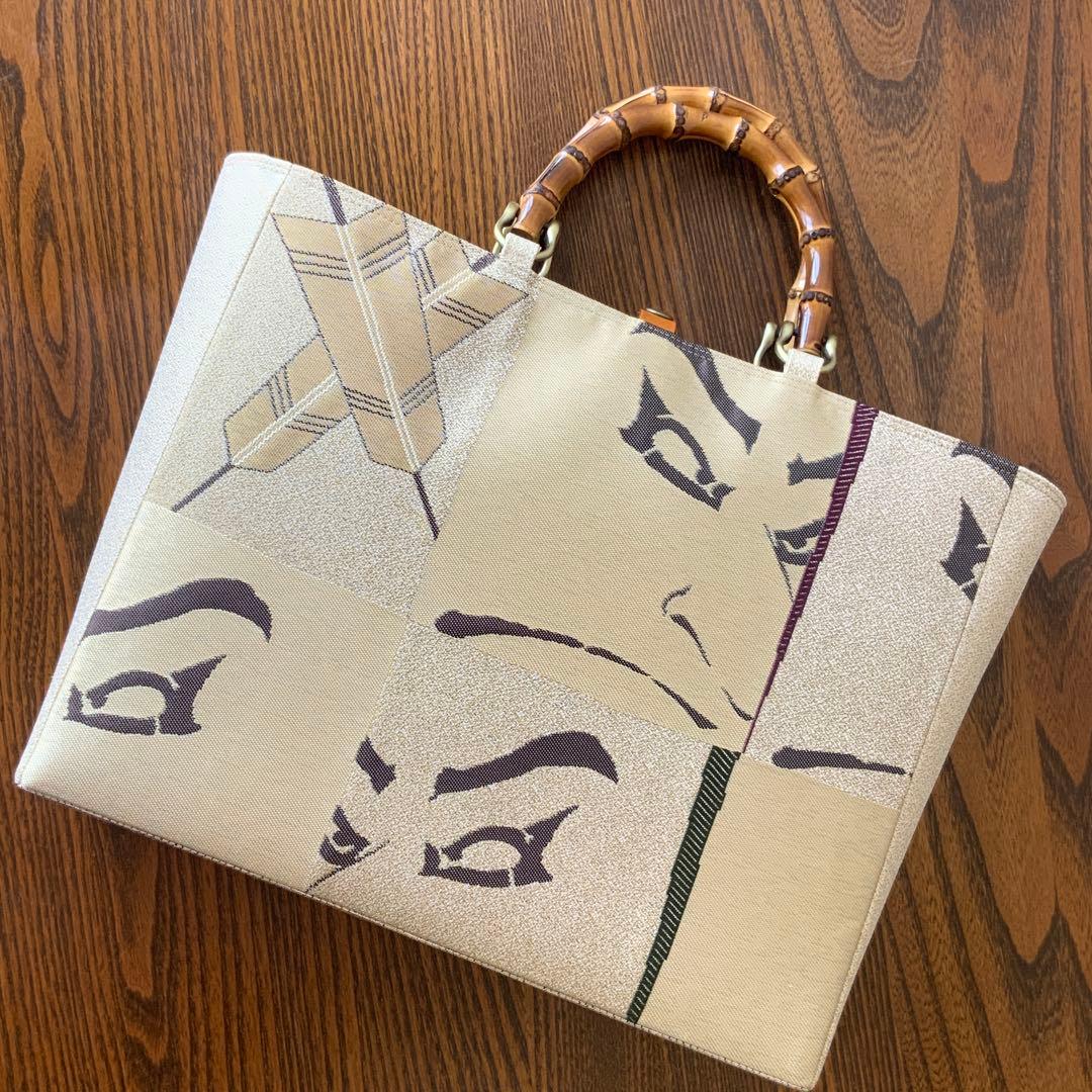 男前な歌舞伎柄の帯　リメイク　バンブーハンドルバッグ　通しマチタイプ