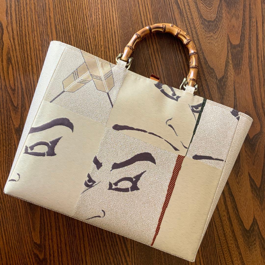 男前な歌舞伎柄の帯　リメイク　バンブーハンドルバッグ　通しマチタイプ