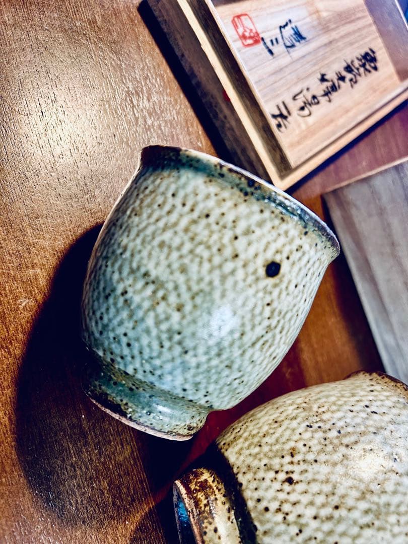 人間国宝　島岡達三　益子焼　象嵌夫婦湯呑み　共箱付き