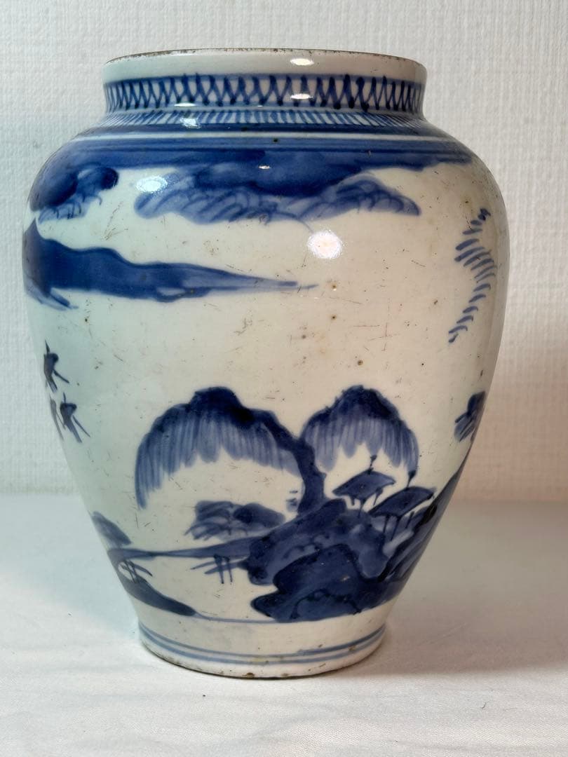 古伊万里　藍九谷染付沈香壷 江戸時代中期〜後期 口縁部朱漆修復