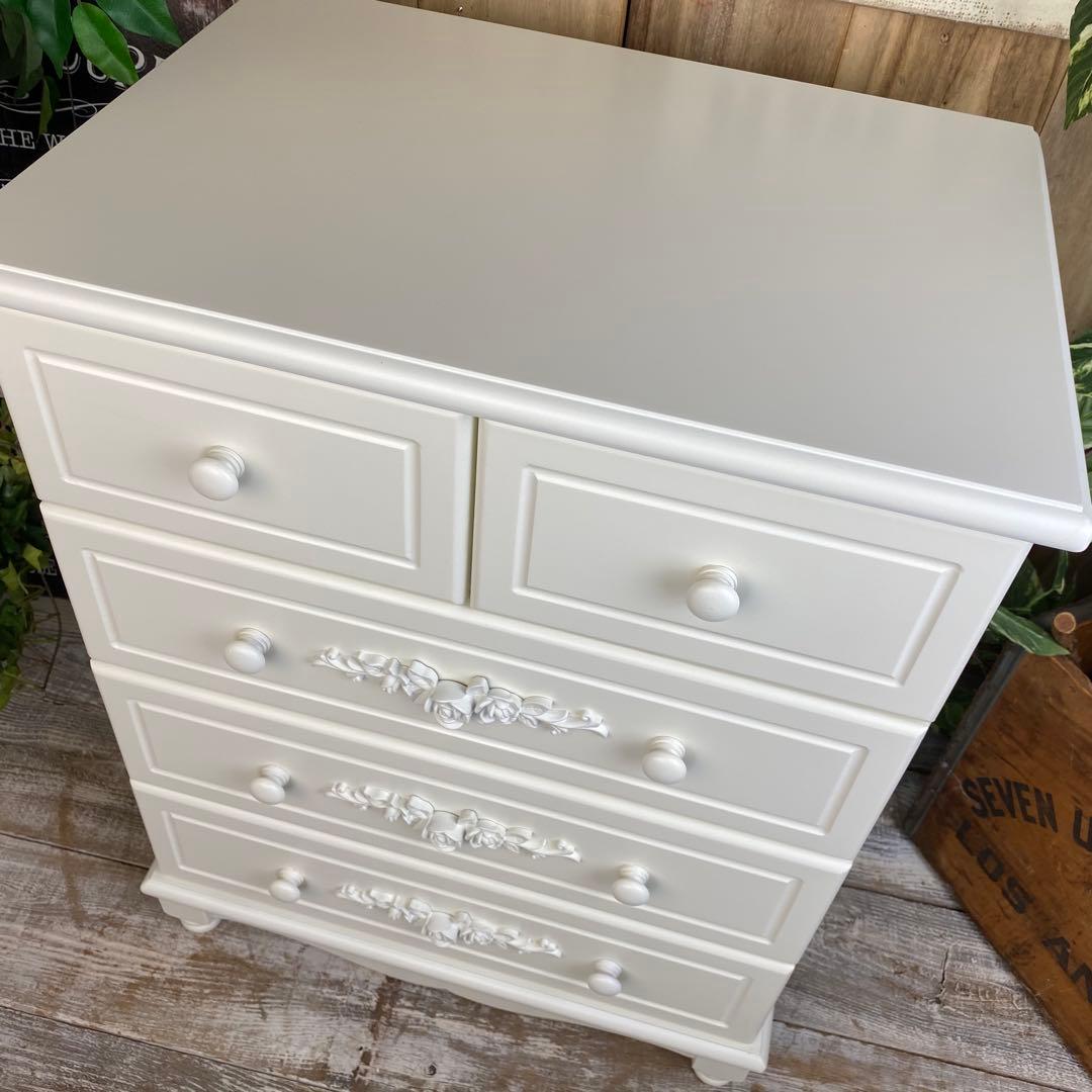 訳あり品【128】フレンチカントリー調ホワイトチェスト四段五つ引き木製タンス収納