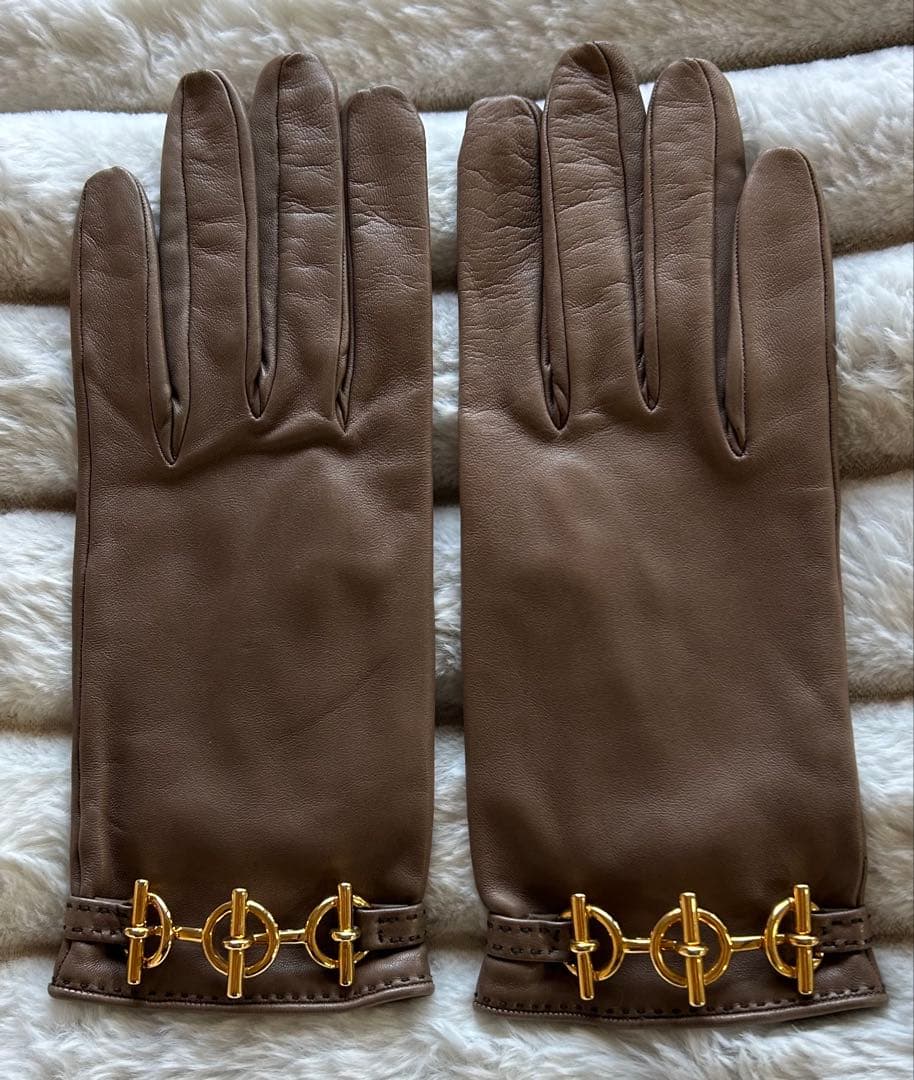 美品★エルメス シェーヌダンクルレザーグローブ グレナン 手袋 8 エトゥープ